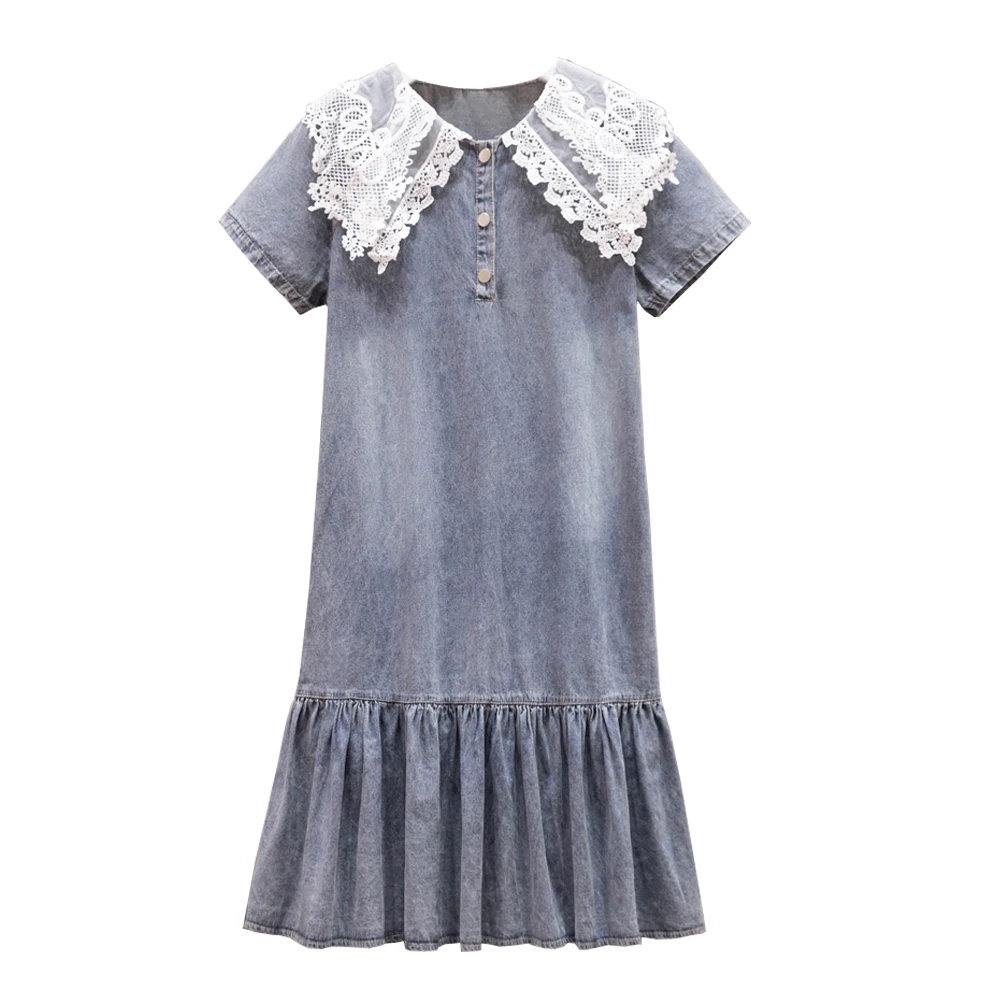 

2020 Plus Size L-4XL Loose Fashion Korean Women Denim Blue Mini Dress Summer Short Sleeve Office Lady Casual Dresses Big Size