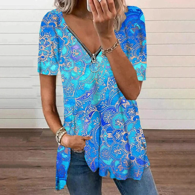 

Vintage Print Blouses Women 2021 Tops Summer Zipper V-neck Blouse Shirt Women's Tunic Casual Loose Blusas Mujer
