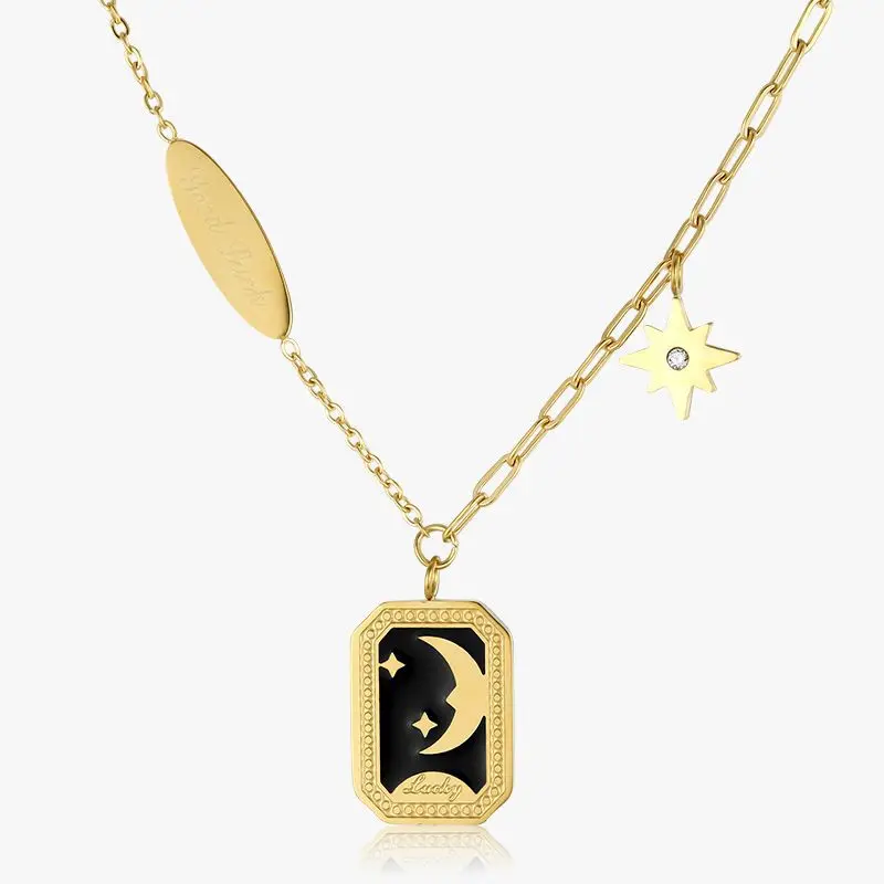 

2021 New Titanium Steel Not Fade Gold Color Star Moon Black Glaze Pendant Letter Clavicle Chain Necklace for Women