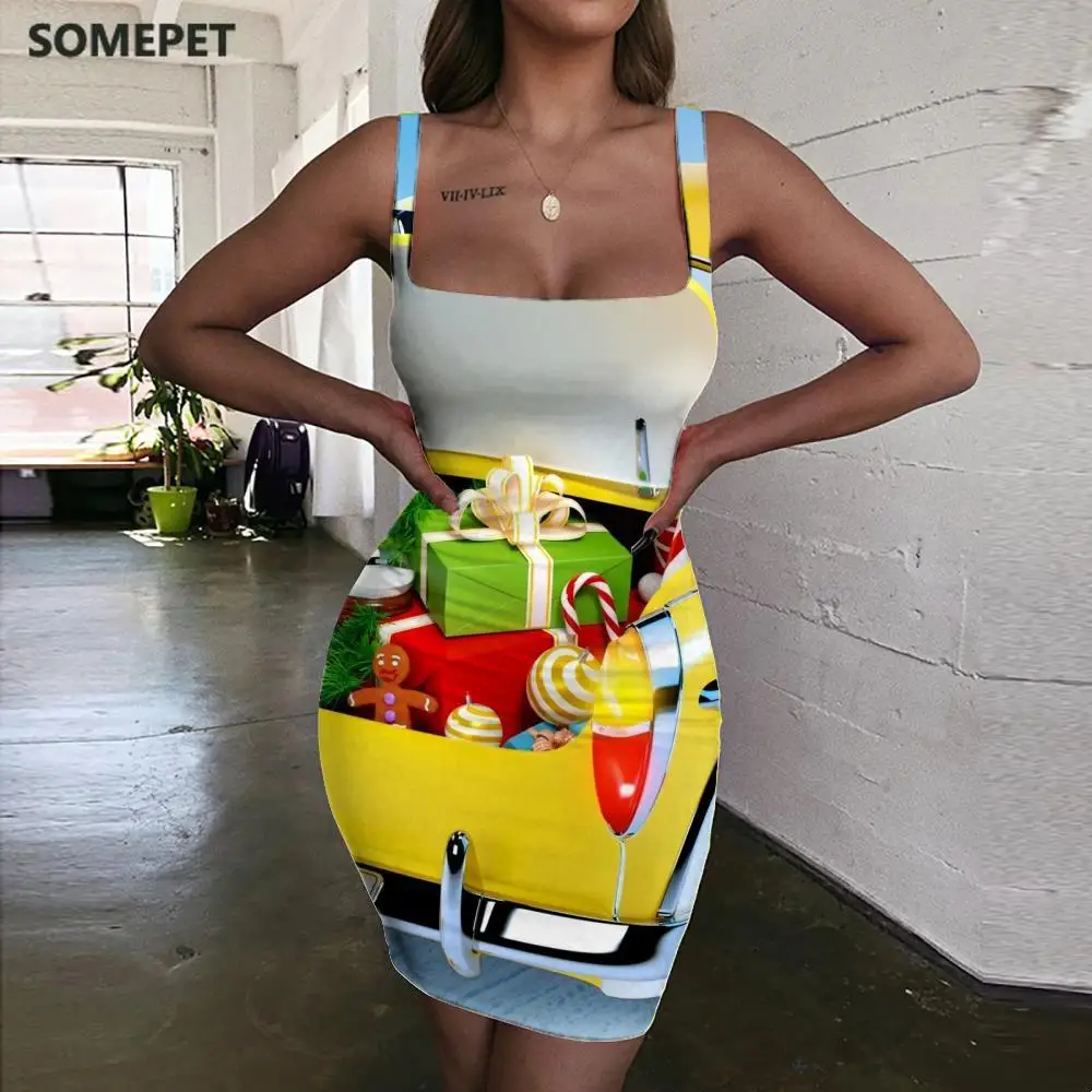 

SOMEPET Christmas Tree Dress Women Car 3d Print Gift Ladies Dresses Party Sundress Womens Clothing Party Beach Beach Femme