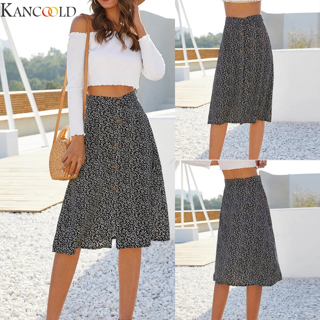 

KANCOOLD Floral Button Side Split Thigh High Waist Skirt Ladies Spring Summer A Line Midi Skirt Boho Black and White Women Skirt