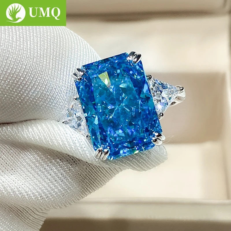 

UMQ 100% 925 Sterling Silver Sparkling 10*14mm Aquamarine Topaz High Carbon Diamond Rings For Women Wedding Party Fine Jewelry