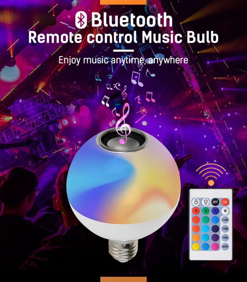 

12W Intelligent E27 RGB Bluetooth speaker LED light bulb adjustable music light wireless LED light 24 remote Free shipping
