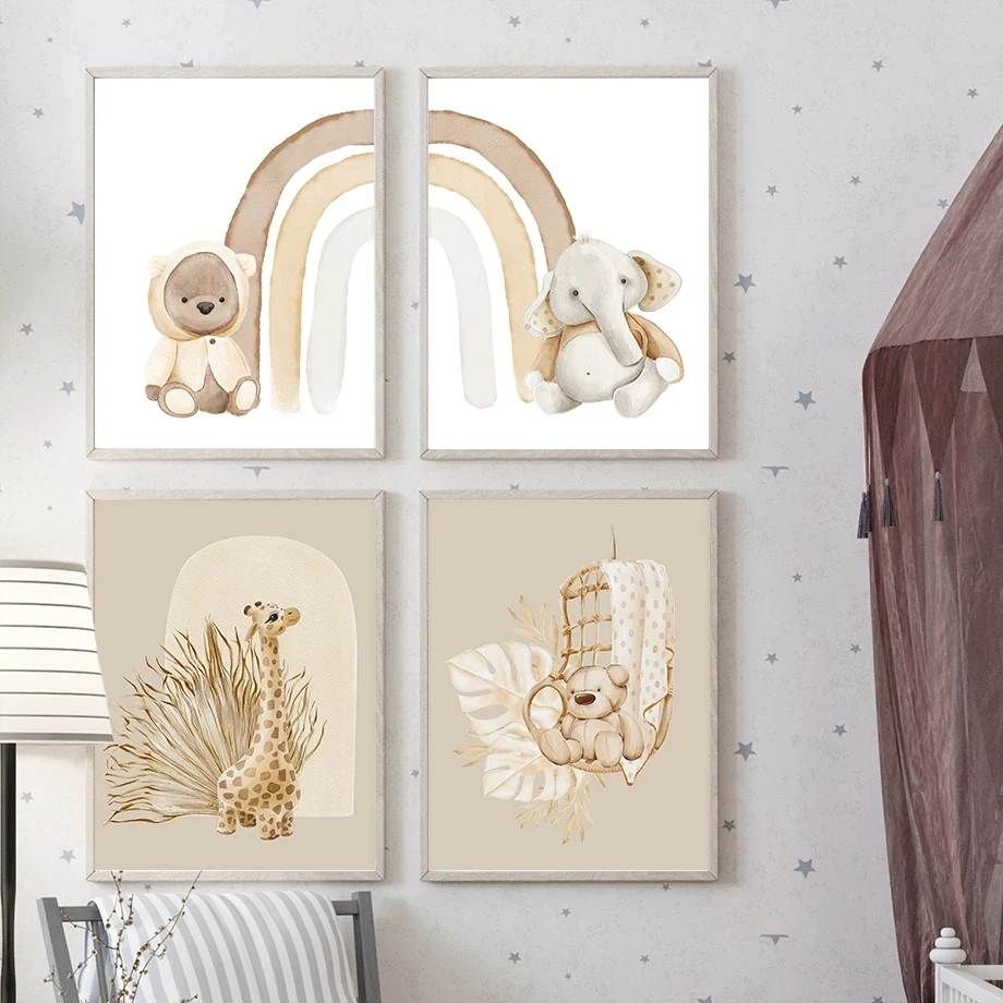 

Monstera Bear Elephant Giraffe Rainbow Wall Art Canvas Painting Wall Art Gift Nordic Posters and Prints Nursery Wall Pictures