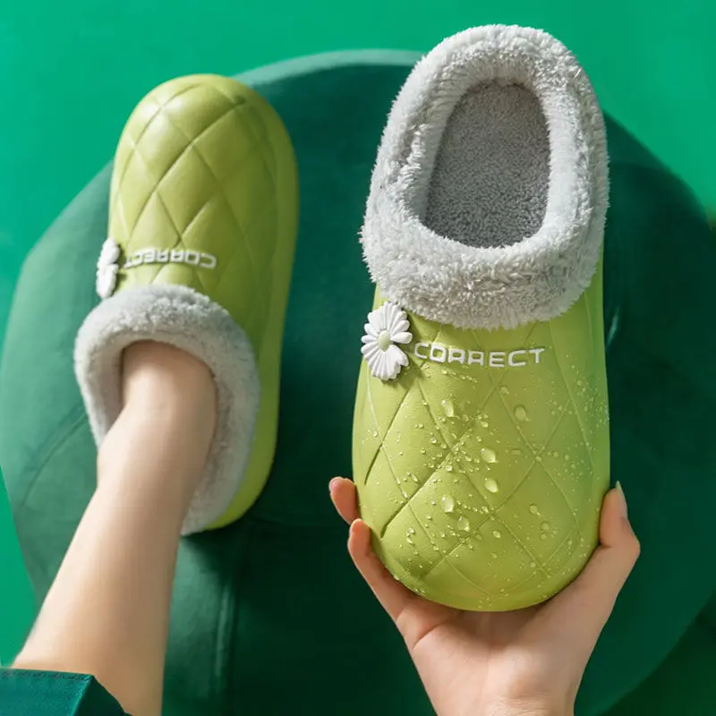 LLUUMIU Waterproof slippers Winter women House Slippers EVA Leather Warm Fur Slippers Unisex Home Slippers Indoor Floor Shoes