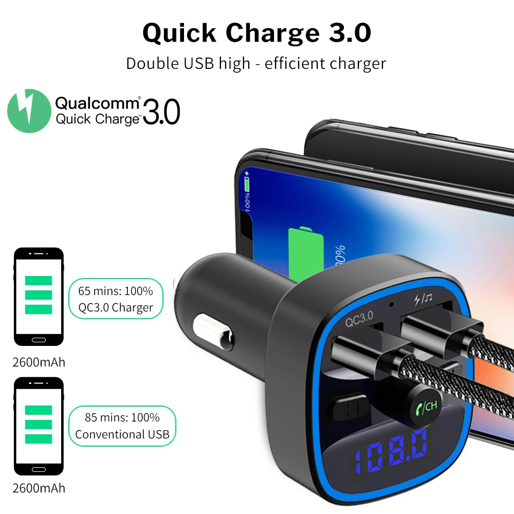 Fm-передатчик Bluetooth 5,0 автомобильный модулятор беспроводной комплект громкой связи Авто Аудио MP3 плеер Быстрая зарядка QC3.0 двойной USB зарядное устройство