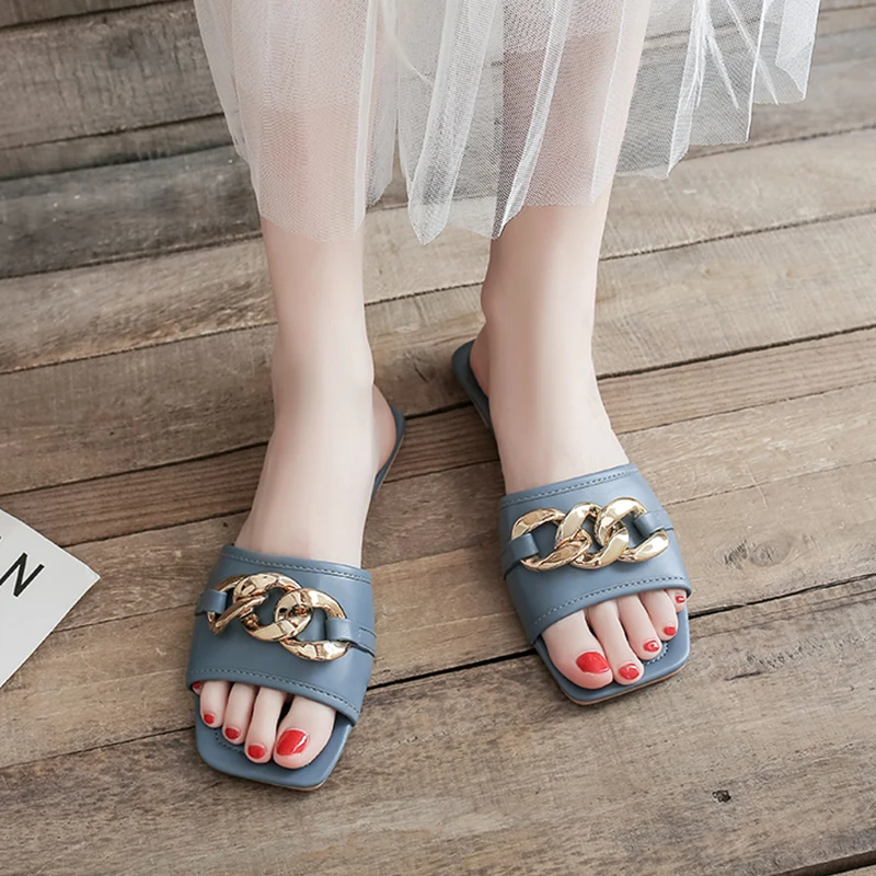 

Shoes Woman 2021 Square Toe Slippers For Swimming Pool Pantofle Beach New Summer Soft Flat PU Slides Basic Rome Rubber Flat Shoe