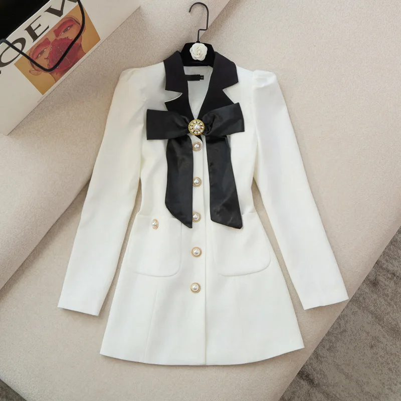 

2022 Autumn New Long Sleeve Elegant Bow Black Mini Dress Women Korean OL Single-breasted Slim Suits Dress Robe Femme Vestidos