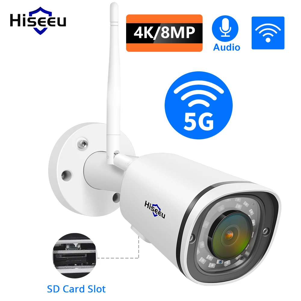 

Hiseeu 4K 8MP 5G Wireless WIFI Camera SD Card Slot Outdoor Waterproof Security IP Camera for POE NVR ONVIF APP Remote
