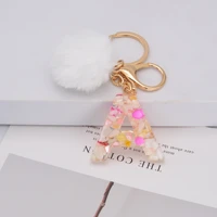 fluffy pompom letter pendant keychains for women cute car acrylic key chains keyring charm bag oranment friends couple gifts