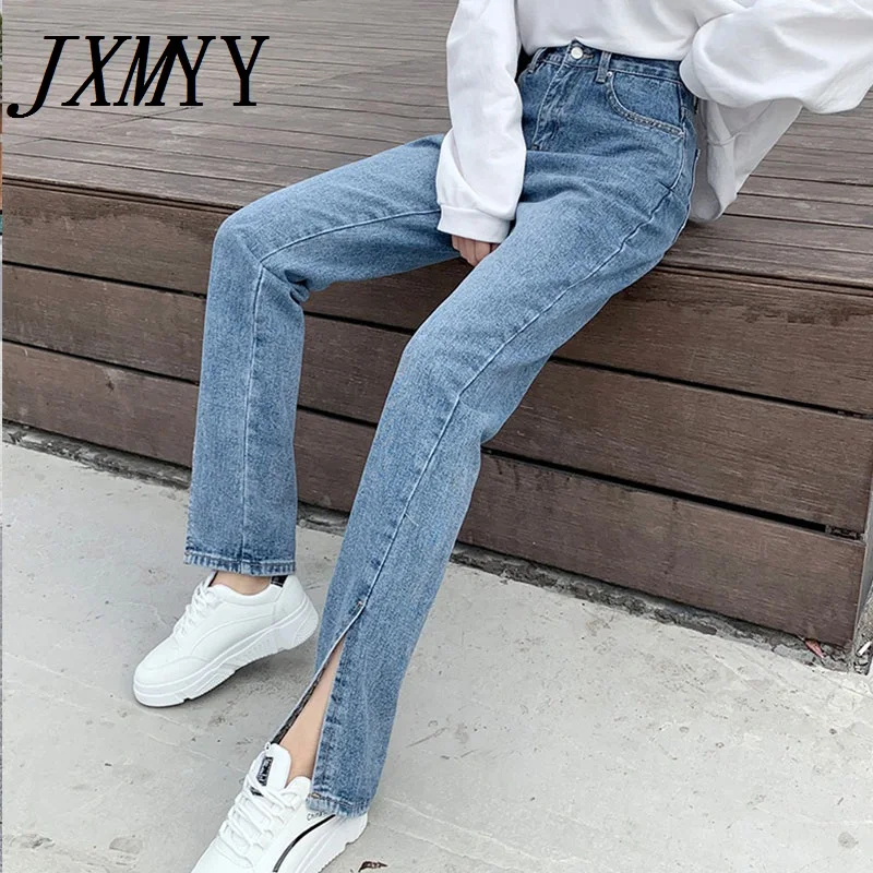 

AUYIYI Women Jeans Black Flare Pants Front Side Slit Leg 2021 Spring High Waisted Bell Bottom Jeans Full Length Denim Clothes