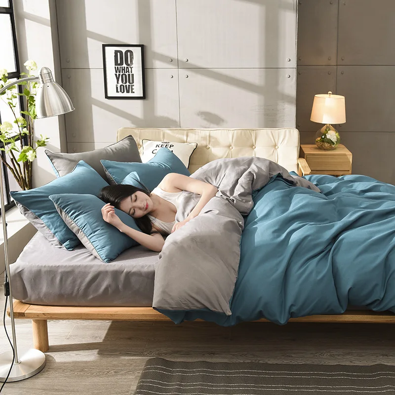 

AB side bedding set Solid duvet cover set blue grey bedclothes khaki bed linens modern Adult 3/4pcs flat sheet bed flat sheet