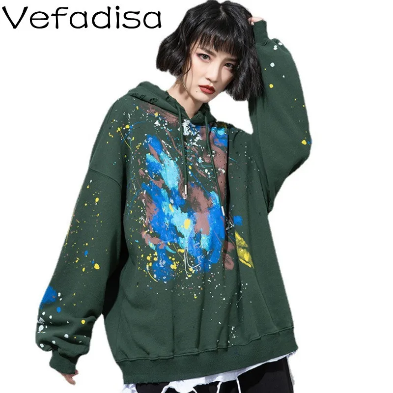

Vefadisa 2021 Autumn New Women Clothing Tie-dye Print Hooded Sweatshirt Green Loose Casual Long Sleeve Sweatshirt TT214