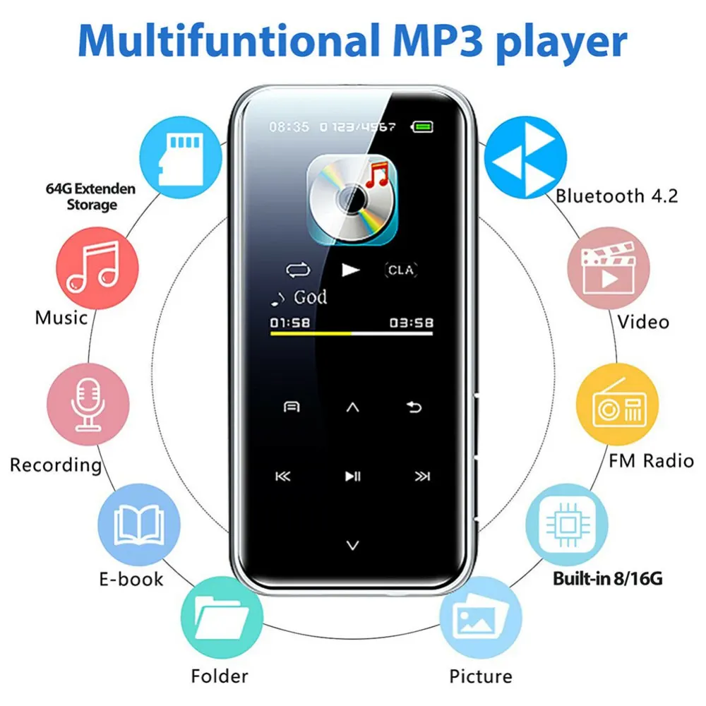 

Portable BT4.2 MP3 Player 32GB 1.8' Touch Screen MP3 MP4 Music Player HIFI Sound 30H Standby FM Radio/Recorder/Video Player