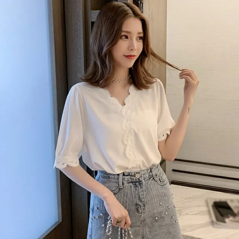 

Summer Fashion Solid Color Blouse Pullover Ladies V-Neck Tee Tops Female Women Short Sleeve Shirt Blusas Femininas Clothing
