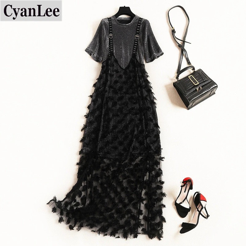 Женское Сетчатое платье с перьями Cyanlee длинная футболка круглым вырезом черное