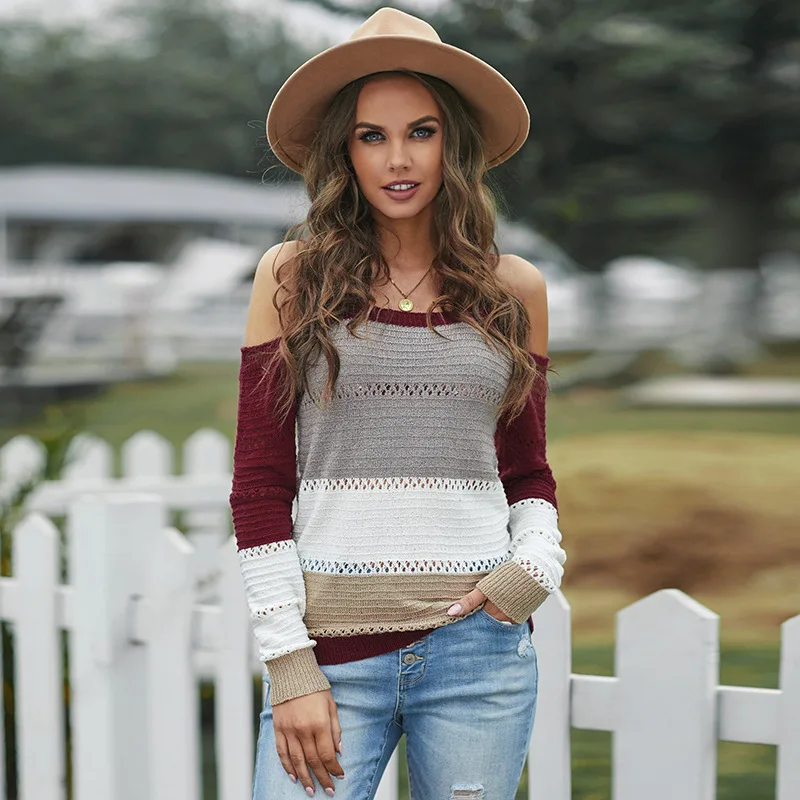 

Off Shoulder Sweater Women's Autumn and Winter European American New Color Contrast Stitching Sexy Knitted Top