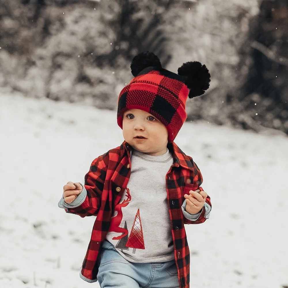 2022 NEW Baby girls Hat Christmas Plaid Beanie Cap Cotton Knitted Winter Wool Hemming Warm Hats Mom and me Parent-child | Аксессуары для
