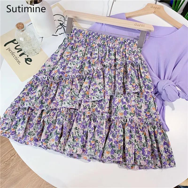 

Summer Women Skirts Shorts High Waist A-line Floral Printed Ruffle Tutu Skirts Women Cute Sweet Girls Dance Mini Skirt Kawaii