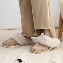 Winter Indoor Women Fur Slippers Luxury Faux Suede Upper Bedroom Couples Warm Plush Shoes House Simple Ladies Fluffy Slippers