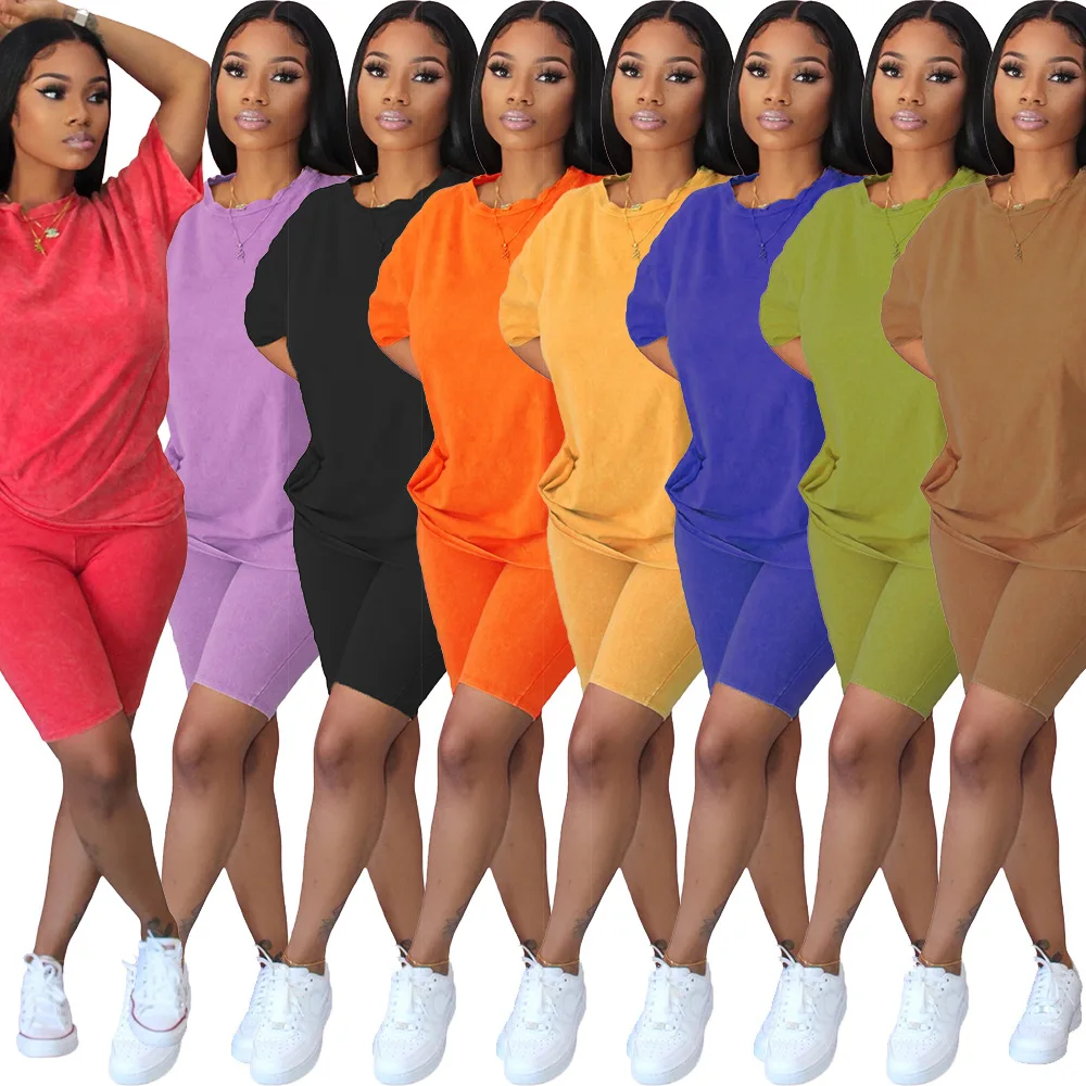 

Women's 2 Piece Outfit Tracksuit Casual Short Sleeve Solid Color Loose Large Size T-Shirts Bodycon Shorts Set Summer Short Sets