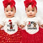 Мой первый Рождественский комбинезон для новорожденных девочек красный комбинезон для маленьких девочек повседневные платья с коротким рукавом для малышей лучшие рождественские подарки