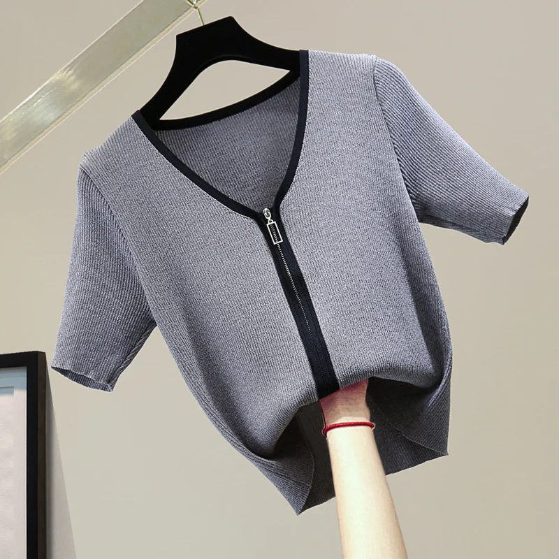 

Summer pullover tops for women top Slim-Fit Zipper T-shirt Contrast Color Stretch Casual Short Sleeve knit shirt t lady t-shirts