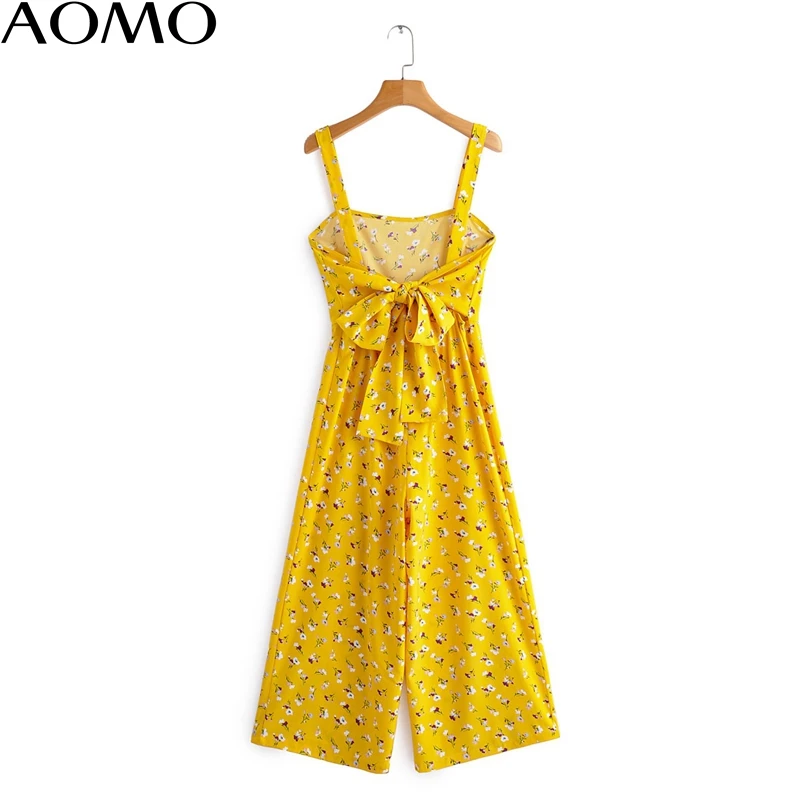 

AOMO fashion Women summer yellow floral print long jumpsuit Sleeveless zipper female casual sexy backless beach Jumpsuit 1F60A