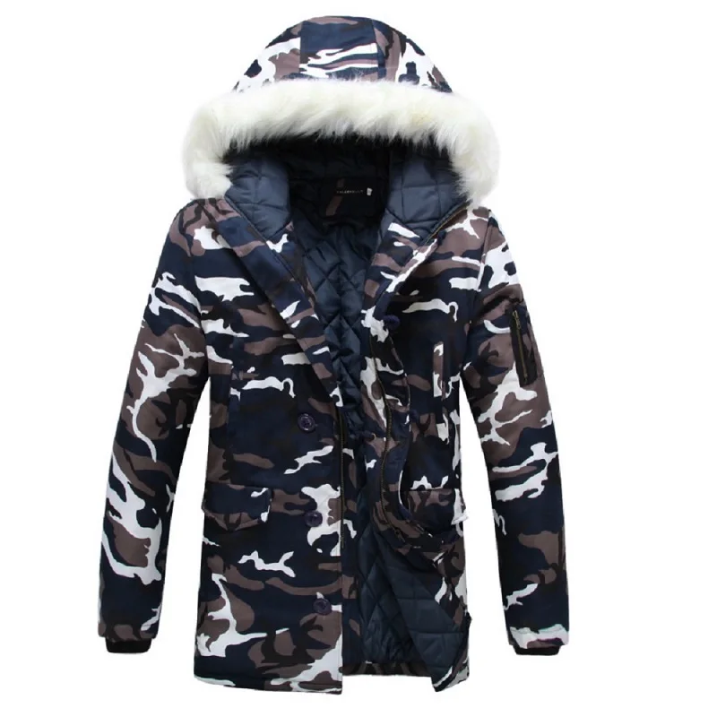 Men's Warm Jacket Winter Couples Wear Camouflage Big Fur Collar Mid-length Padded Coat Men and Women Thick Outdoor Man Hoodies