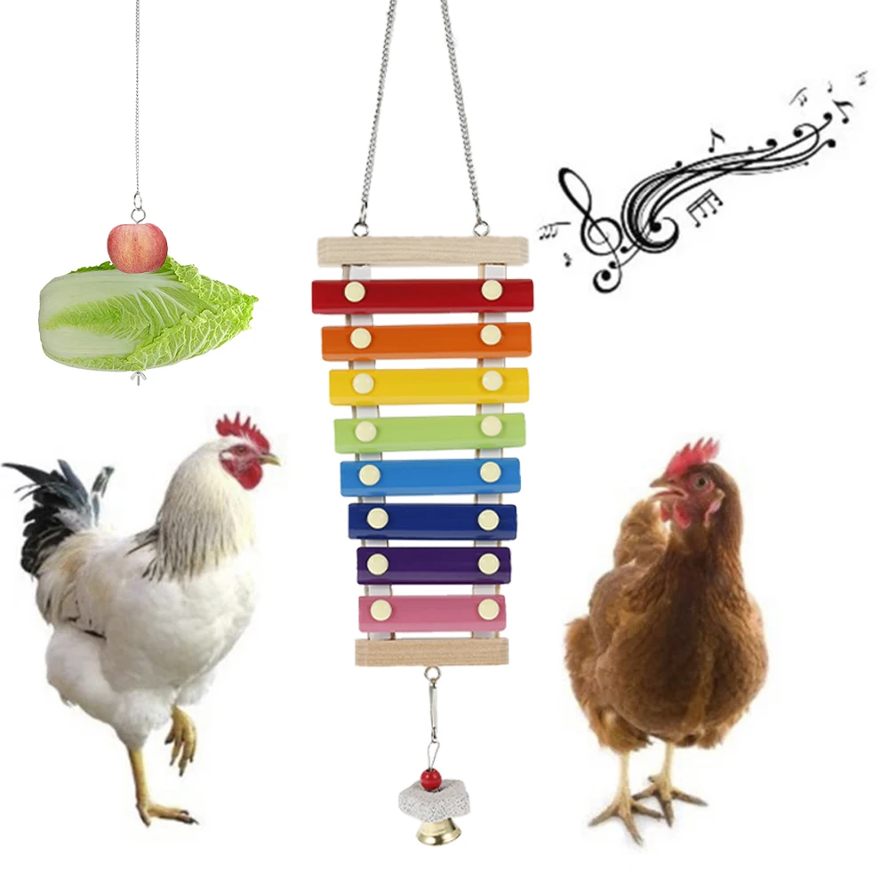 

Chicken Toy Hanging Feeder Toy Vegetable Skewer Fruit Holder Hen Musical Wood Toy with 8 Metal Keys Bird Xylophone Toy