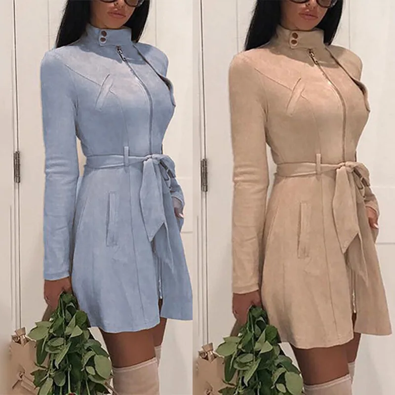 

2020 new women's pure color deerskin cashmere windbreaker coat leisure zipper windbreaker coat