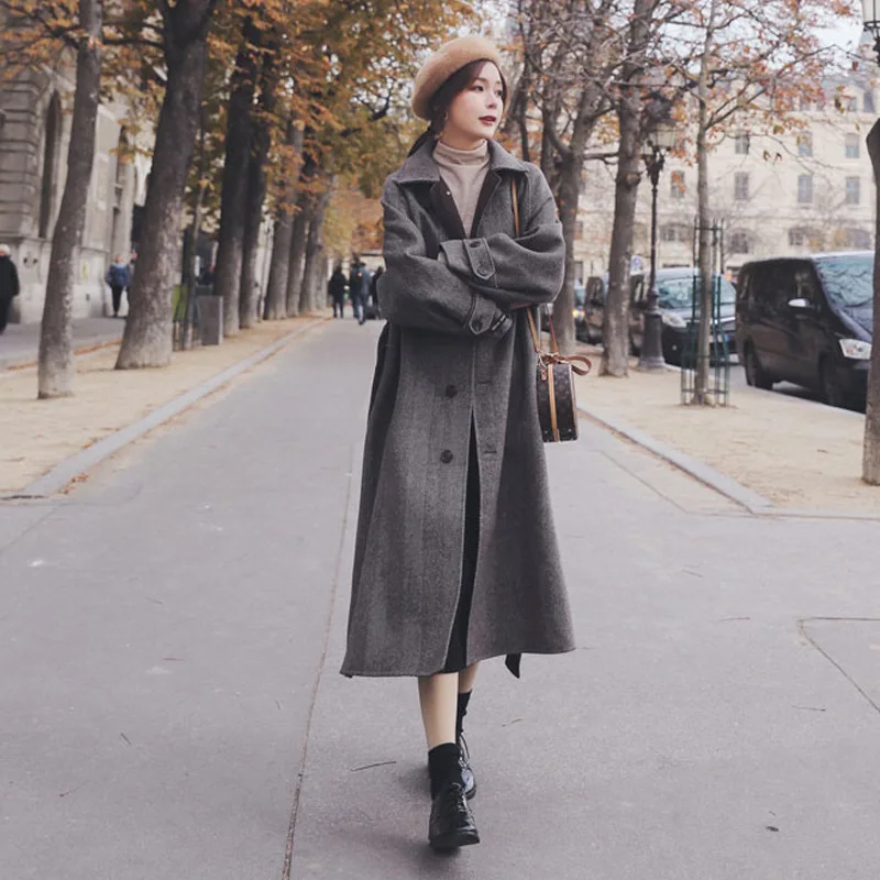 

Herringbone Woolen Overcoat Elegant 2020 Autumn and Winter New Cinched Thickening Long below the Knee Woolen Coat Fashion