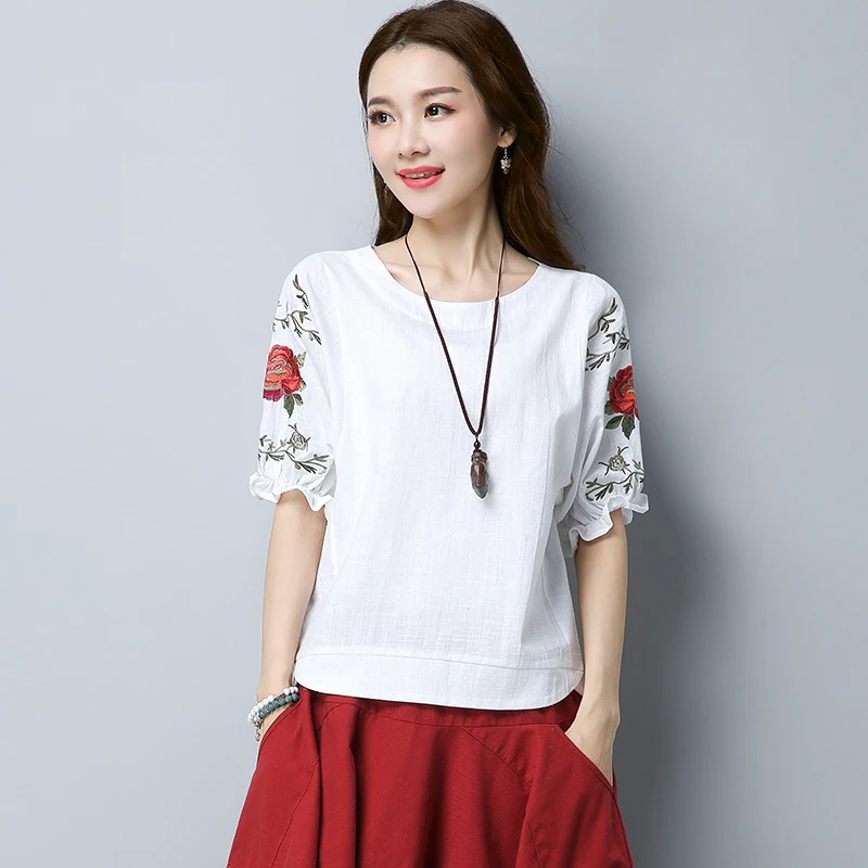 

Винтажная блузка с цветочной вышивкой в фольклорном стиле на заказ, женская элегантная рубашка из хлопка и льна, экзотический летний топ, По...
