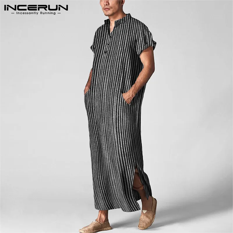 Men Islamic Arabic Kaftan Striped Short Sleeve Casual Pockets Muslim Robes Cotton Saudi Arabia Dubai Men Jubba Thobe INCERUN 5XL