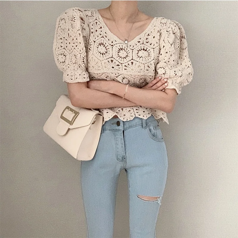 Women Shirts Summer Blouse Womens V-neck Lace Hollow Loose Shirt Women Fashion Woman Blouses