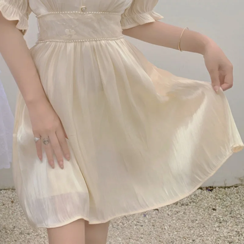 

Woman Dresses 2021 Summer New Fashion Elegant Temperament Robe Vintage V-neck Puff Sleeve High Waist Beading Female Vestidos New