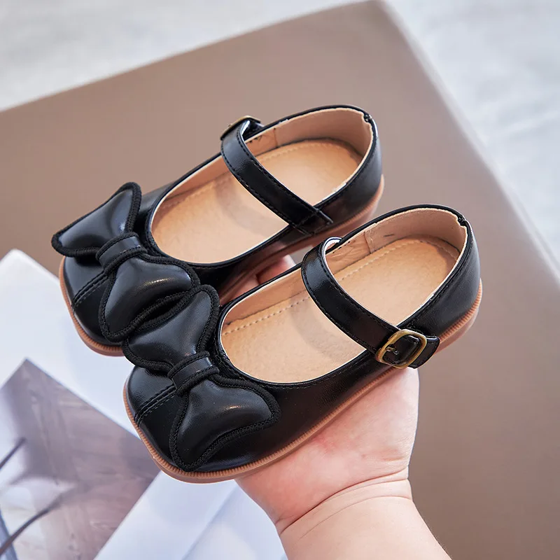 

Детская кожаная обувь для девочек, детская танцевальная обувь с мягкой подошвой и бантом для принцесс, черного, розового цветов