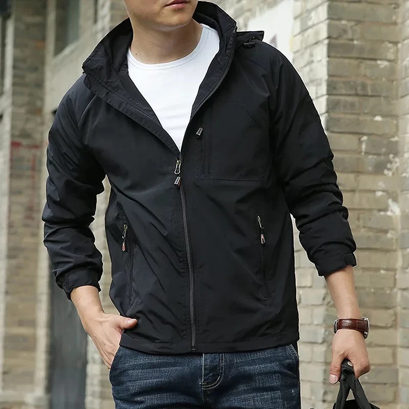 

Autumn Men's Jacket Thin Section Casual Long Sleeved Solid Color Hooded Pocket Jacket Breathable