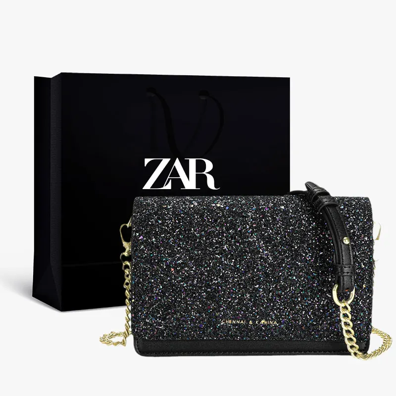 

ZAR Luxury Handbags Women Bags Designer Crossbody Shopper Cosmetic Black Clutch with Chain Sequins Shiny Women's Small Handbag