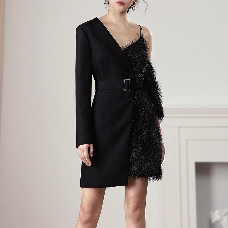 Женское Асимметричное мини-платье Max Spri Черное вечернее платье с длинным рукавом