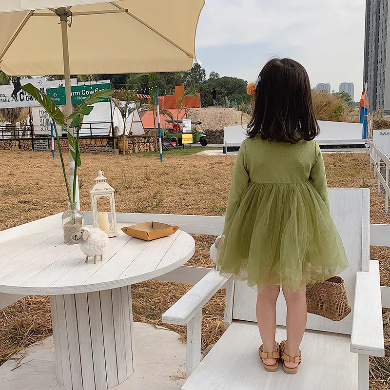 Весенне-осеннее Сетчатое платье для девочек трикотажное базовое с длинным