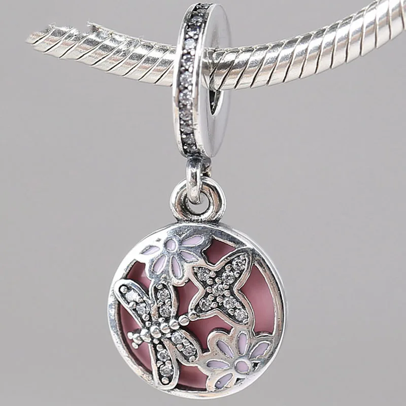 

100% 925 Sterling Silver Charm Pink Enamel Butterfly Dragonfly Pendant Fit Pandora Women Bracelet & Necklace Diy Jewelry