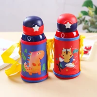 bpa free cartoon printed 500ml 304 stainless steel straw bottle vacuum flask handgrip bag for children thermos cup used 2 lids