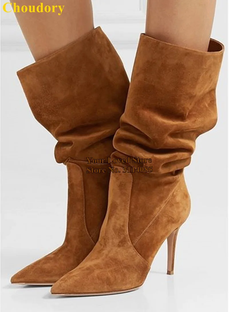 Коричневые замшевые сапоги Choudory со складками Классические на шпильке с острым