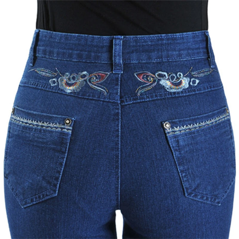 

Plus size Casual Pants Women Summer Jeans Elasticity Straight Pants Embroidery Middle aged Female High waist Denim Pants