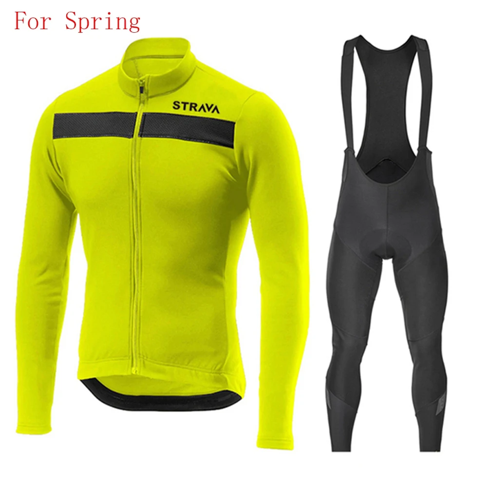 

STRAVA Team Long Sleeve Cycling Jersey Set Bib Pants Ropa Ciclismo Bicycle Clothing MTB Bike 2021 Jersey Uniform Men Clothes