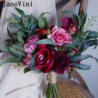 janevini vintage fuchsia bride rose bouquet flowers 2020 european style wedding bouquet charm bridal artificial flower brooches