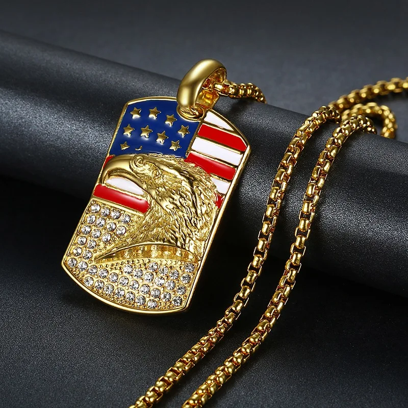

Popular Hip Hop Hiphop Titanium Steel Gold Plated Diamond Set Flag Eagle Pendant Necklace In Europe And America
