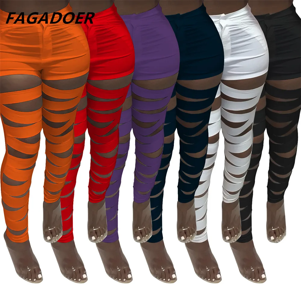 

Fagadoer Sexy Ripped Skiny Pants Women Solid Color High Waist Stretch Bottoms Joggers Summer 2021 Fashion Pencil Pants Hollow
