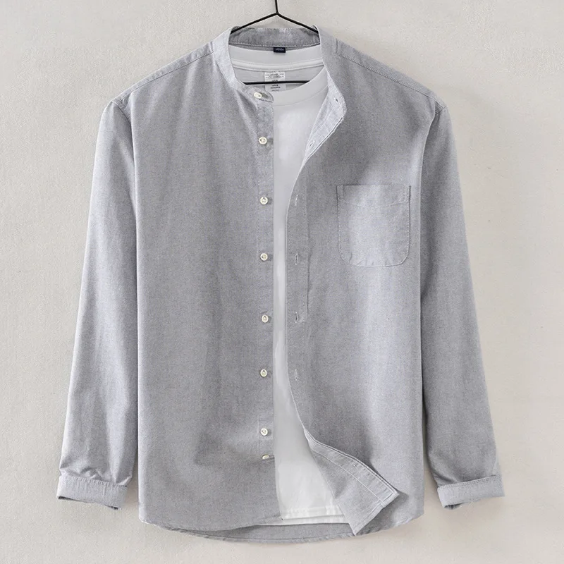 2021 spring and autumn new men's shirt cotton oxford wrinkle-resistant casual stand-up collar long-sleeved shirt for men